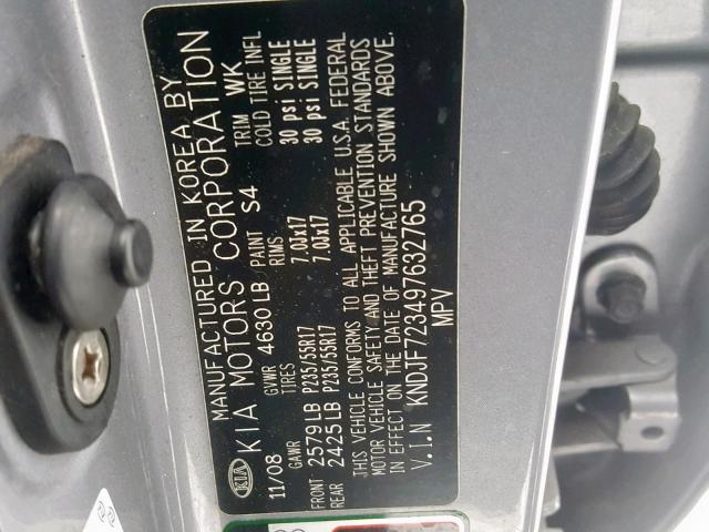 KNDJF723497632765 - 2009 KIA SPORTAGE L GRAY photo 10