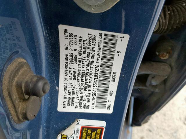 1HGFA16537L031270 - 2007 HONDA CIVIC LX BLUE photo 10