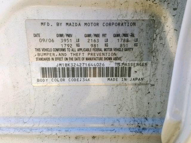 JM1BK324271644026 - 2007 MAZDA 3 S WHITE photo 10