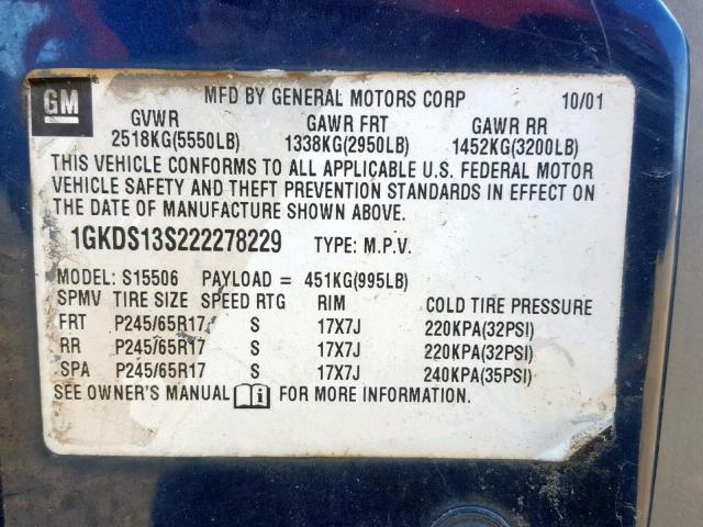 1GKDS13S222278229 - 2002 GMC ENVOY BLUE photo 10