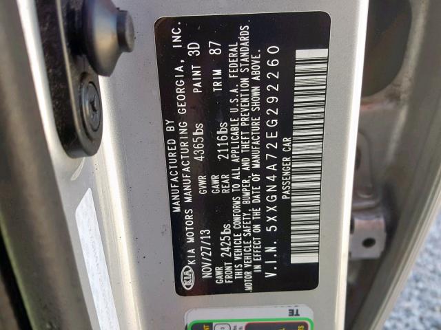 5XXGN4A72EG292260 - 2014 KIA OPTIMA EX SILVER photo 10