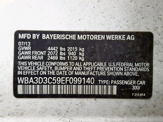 WBA3D3C59EF099140 - 2014 BMW 328 D WHITE photo 10