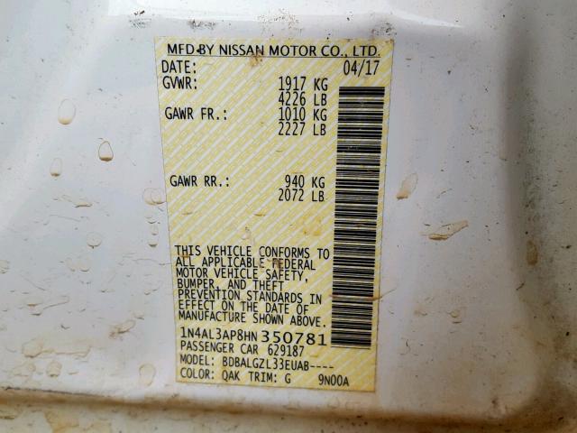 1N4AL3AP8HN350781 - 2017 NISSAN ALTIMA 2.5 WHITE photo 10