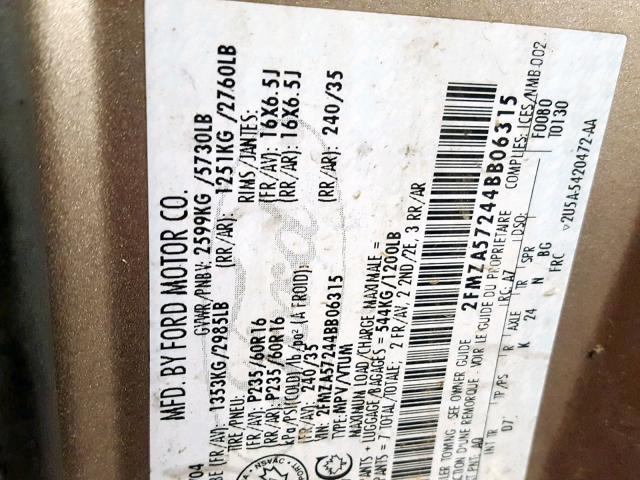 2FMZA57244BB06315 - 2004 FORD FREESTAR S BEIGE photo 10