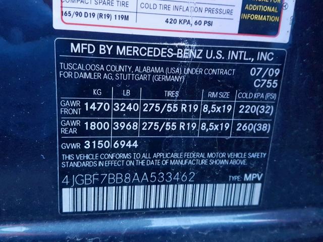 4JGBF7BB8AA533462 - 2010 MERCEDES-BENZ GL 450 4MA GRAY photo 10