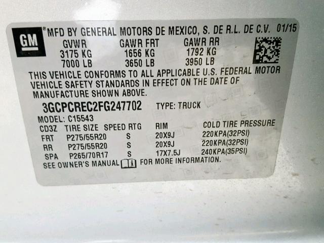 3GCPCREC2FG247702 - 2015 CHEVROLET SILVERADO SILVER photo 10