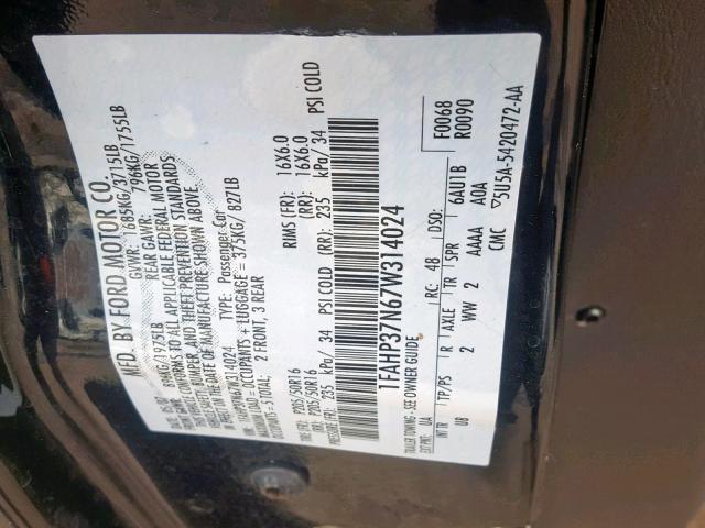 1FAHP37N67W314024 - 2007 FORD FOCUS ZX5 BLACK photo 10