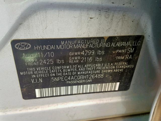 5NPEC4AC0BH126488 - 2011 HYUNDAI SONATA SE GRAY photo 10