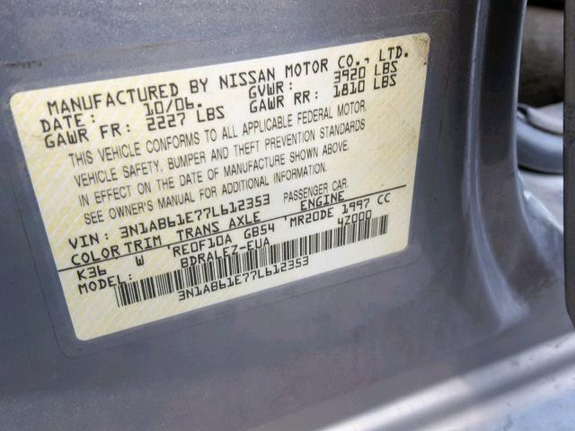 3N1AB61E77L612353 - 2007 NISSAN SENTRA 2.0 SILVER photo 10