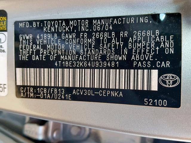 4T1BE32K64U939481 - 2004 TOYOTA CAMRY LE SILVER photo 10