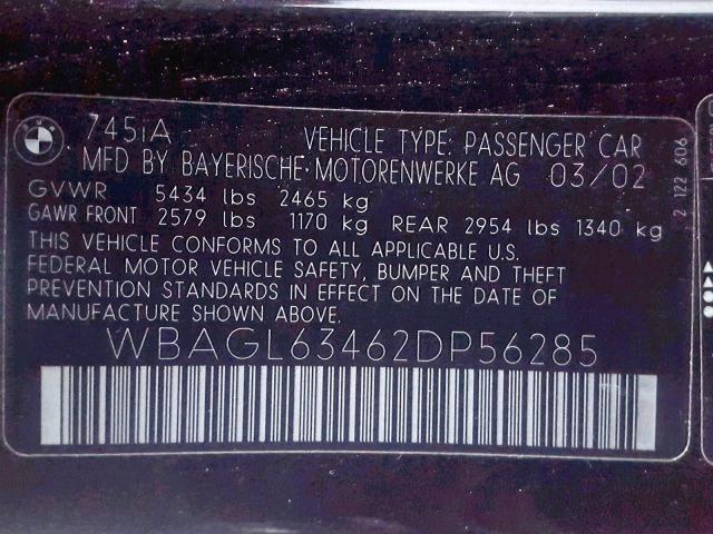 WBAGL63462DP56285 - 2002 BMW 745 I BLACK photo 10