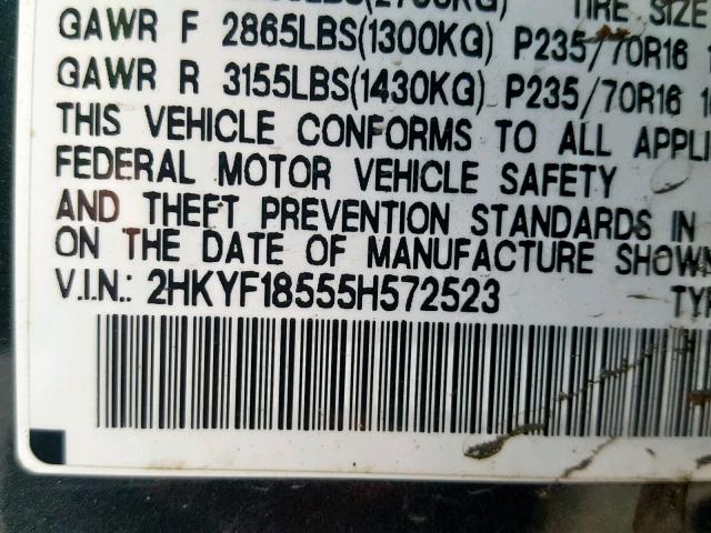 2HKYF18555H572523 - 2005 HONDA PILOT EXL GRAY photo 10