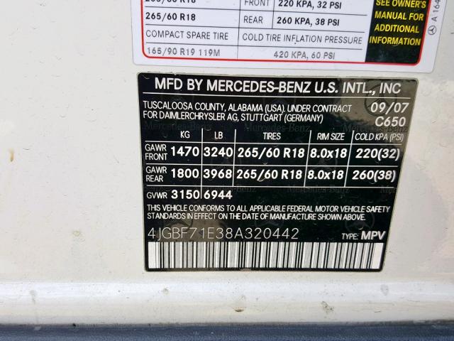 4JGBF71E38A320442 - 2008 MERCEDES-BENZ GL 450 4MA WHITE photo 10