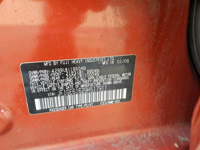 JF1GE61629H517911 - 2009 SUBARU IMPREZA 2. Қызғылт сары фото 10