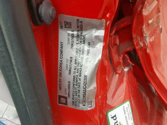 KL8CD6SA3JC420306 - 2018 CHEVROLET SPARK 1LT RED photo 10