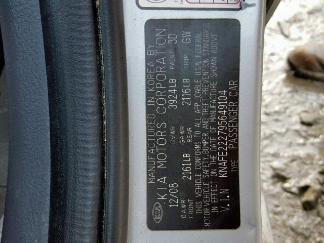 KNAFE222795649104 - 2009 KIA SPECTRA EX Gümüş foto 10