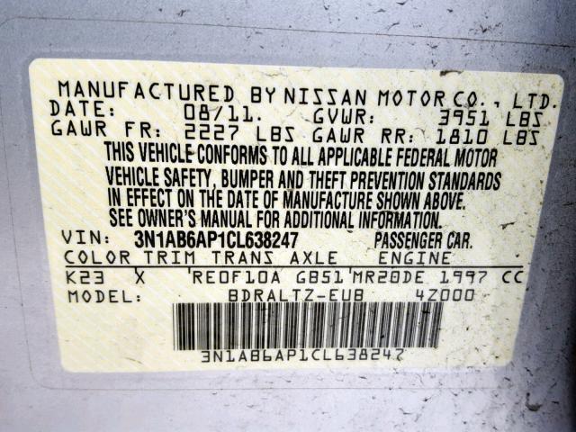 3N1AB6AP1CL638247 - 2012 NISSAN SENTRA 2.0 SILVER photo 10