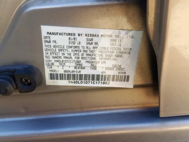 1N4DL01D71C171862 - 2001 NISSAN ALTIMA XE TAN photo 10