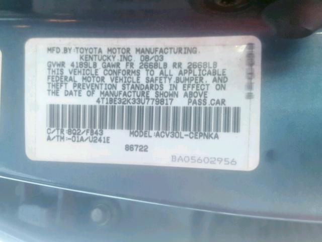 4T1BE32K33U779817 - 2003 TOYOTA CAMRY LE BLUE photo 10