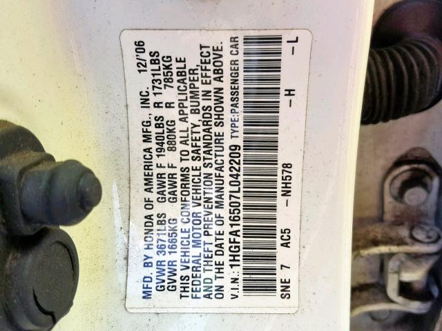 1HGFA16507L042209 - 2007 HONDA CIVIC LX WHITE photo 10