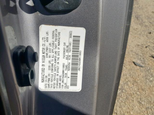 JNKCV64E88M119893 - 2008 INFINITI G37 BASE GRAY photo 10