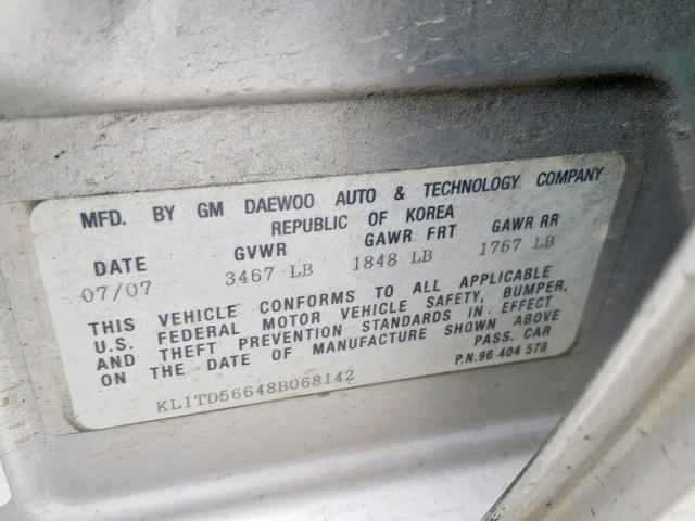 KL1TD56648B068142 - 2008 CHEVROLET AVEO BASE ვერცხლისფერი ფოტო 10