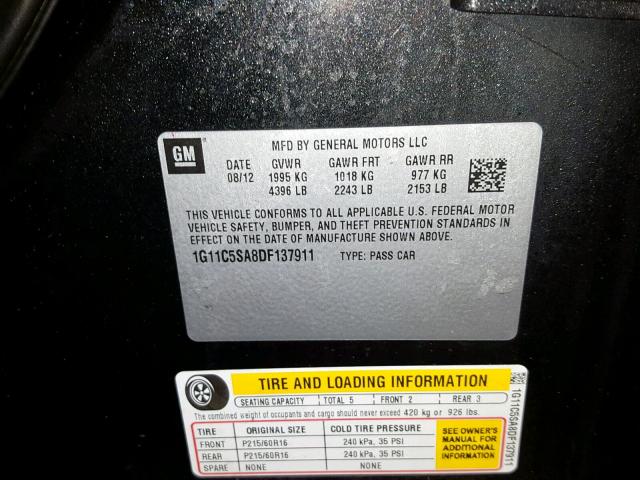 1G11C5SA8DF137911 - 2013 CHEVROLET MALIBU 1LT BLACK photo 10