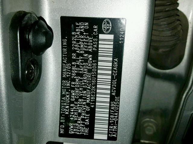 4T1BE32K16U150061 - 2006 TOYOTA CAMRY LE SILVER photo 10