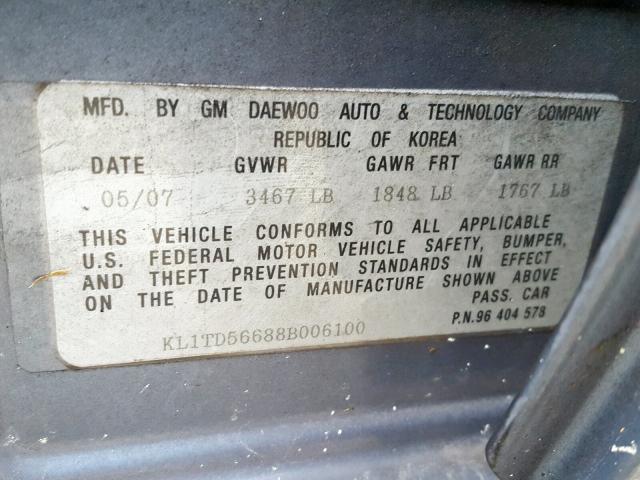 KL1TD56688B006100 - 2008 CHEVROLET AVEO BASE Көк фото 10