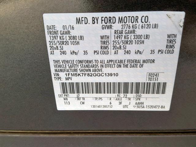 1FM5K7F82GGC13910 - 2016 FORD EXPLORER L GRAY photo 10