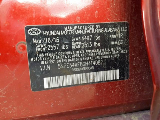 5NPE34AF8GH414082 - 2016 HYUNDAI SONATA SPO MAROON photo 10