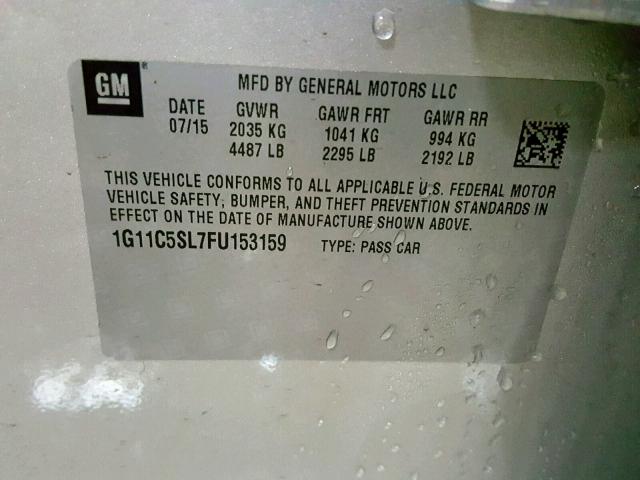 1G11C5SL7FU153159 - 2015 CHEVROLET MALIBU 1LT ვერცხლისფერი ფოტო 10