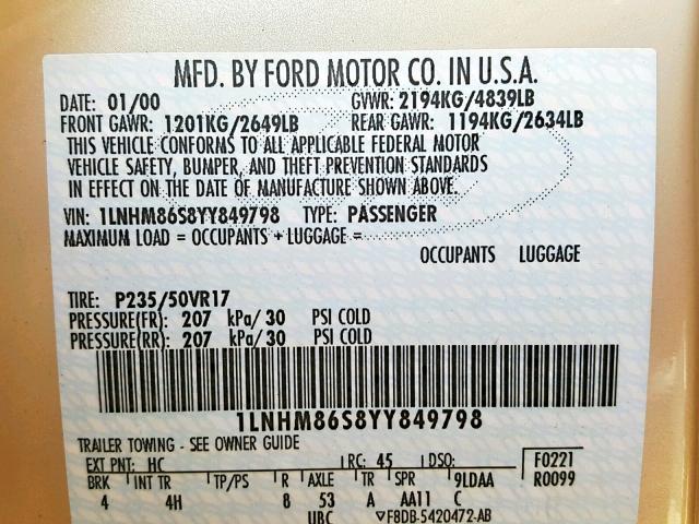 1LNHM86S8YY849798 - 2000 LINCOLN LS BEIGE photo 10