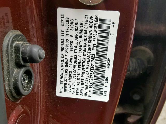 19XFB2F8XEE217423 - 2014 HONDA CIVIC EX 红色 照片 10