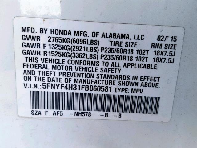 5FNYF4H31FB060581 - 2015 HONDA PILOT SE WHITE photo 10