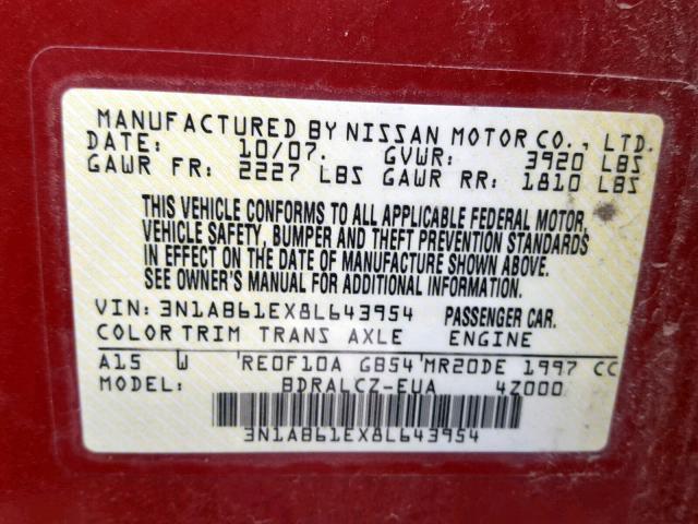 3N1AB61EX8L643954 - 2008 NISSAN SENTRA 2.0 RED photo 10