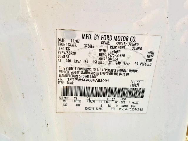 1FTPW14V08FA83091 - 2008 FORD F150 SUPER WHITE photo 10