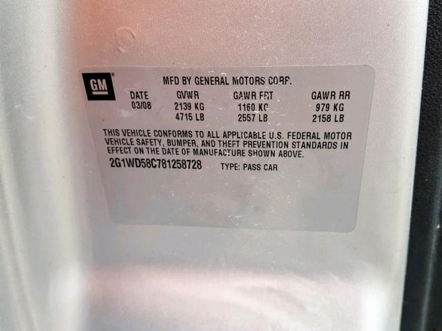 2G1WD58C781258728 - 2008 CHEVROLET IMPALA SUP Күміс фото 10