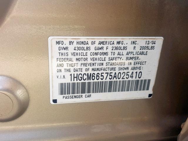 1HGCM66575A025410 - 2005 HONDA ACCORD EX TAN photo 10