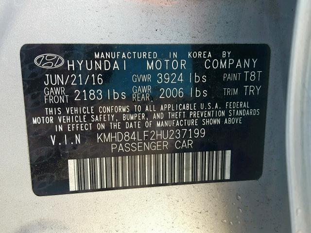 KMHD84LF2HU237199 - 2017 HYUNDAI ELANTRA SE 银色 照片 10