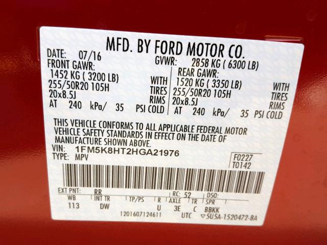 1FM5K8HT2HGA21976 - 2017 FORD EXPLORER P RED photo 10