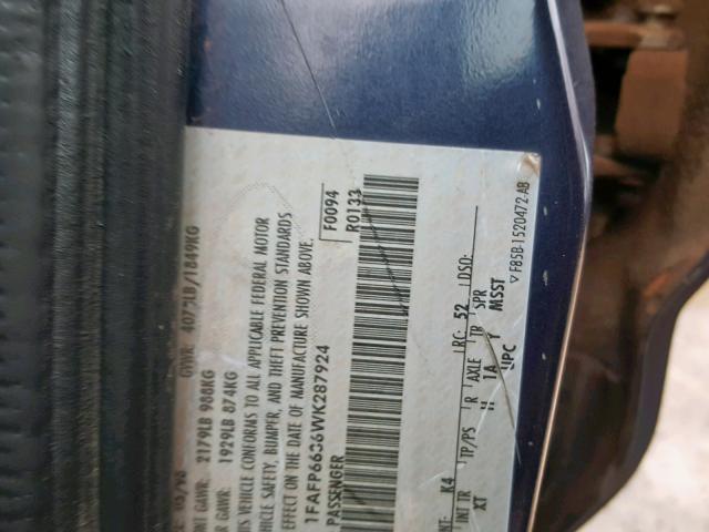 1FAFP6636WK287924 - 1998 FORD CONTOUR LX 蓝色 照片 10