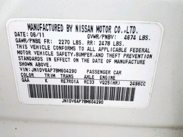 JN1DV6AP7BM604290 - 2011 INFINITI G25 BASE WHITE photo 10