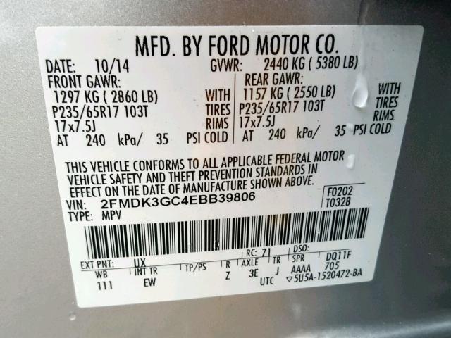 2FMDK3GC4EBB39806 - 2014 FORD EDGE SE SILVER photo 10