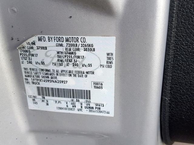 1FTPX14595NA35927 - 2005 FORD F150 灰色 照片 10