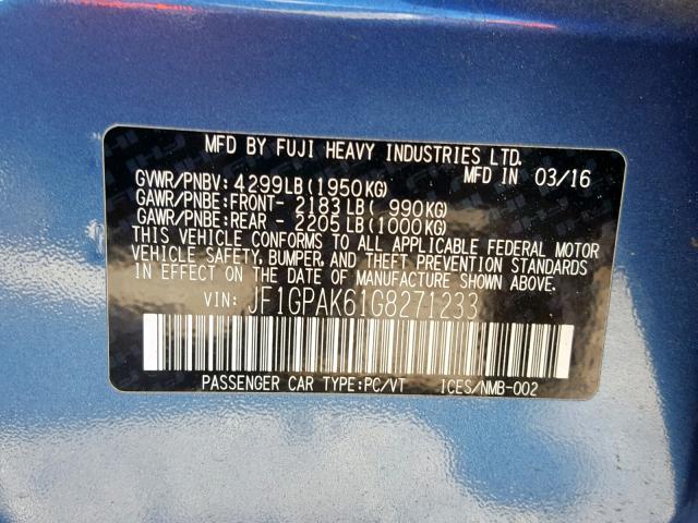 JF1GPAK61G8271233 - 2016 SUBARU IMPREZA LI BLUE photo 10