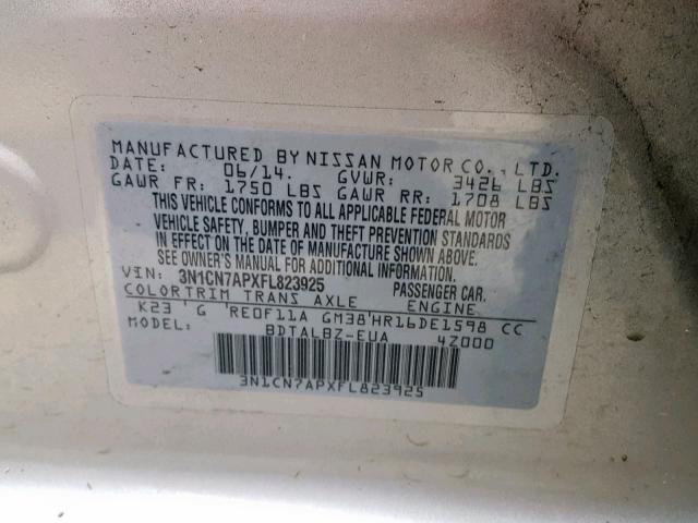 3N1CN7APXFL823925 - 2015 NISSAN VERSA S SILVER photo 10