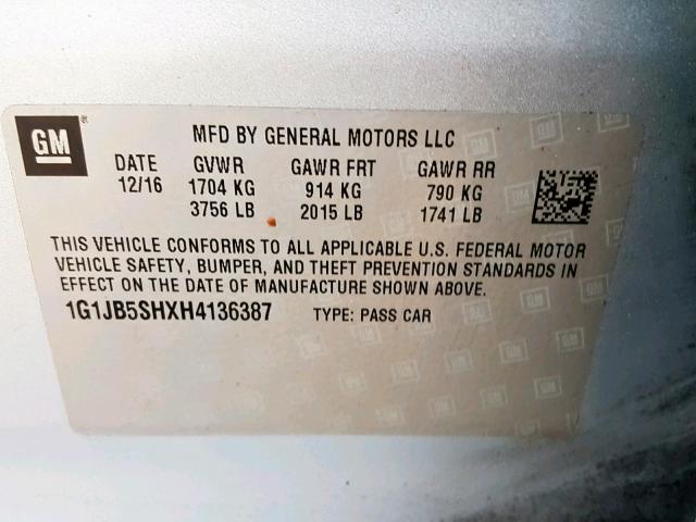 1G1JB5SHXH4136387 - 2017 CHEVROLET SONIC LS 蓝色 照片 10