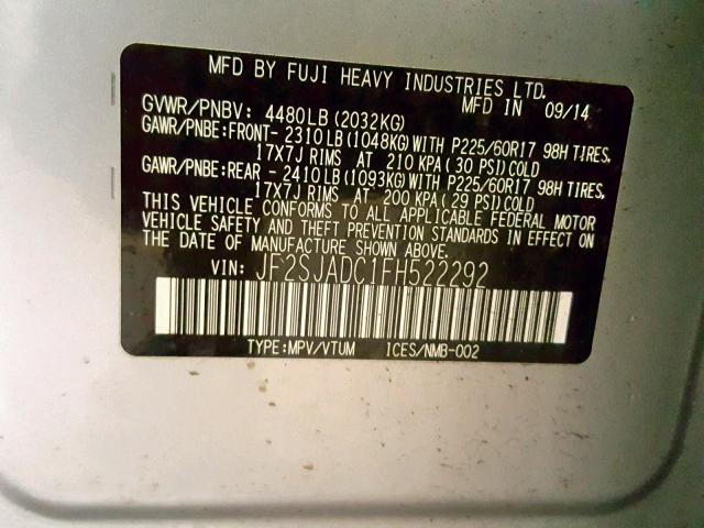 JF2SJADC1FH522292 - 2015 SUBARU FORESTER 2 银色 照片 10