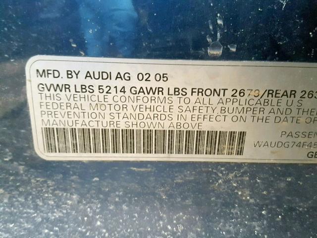 WAUDG74F45N100467 - 2005 AUDI A6 3.2 QUA BLUE photo 10